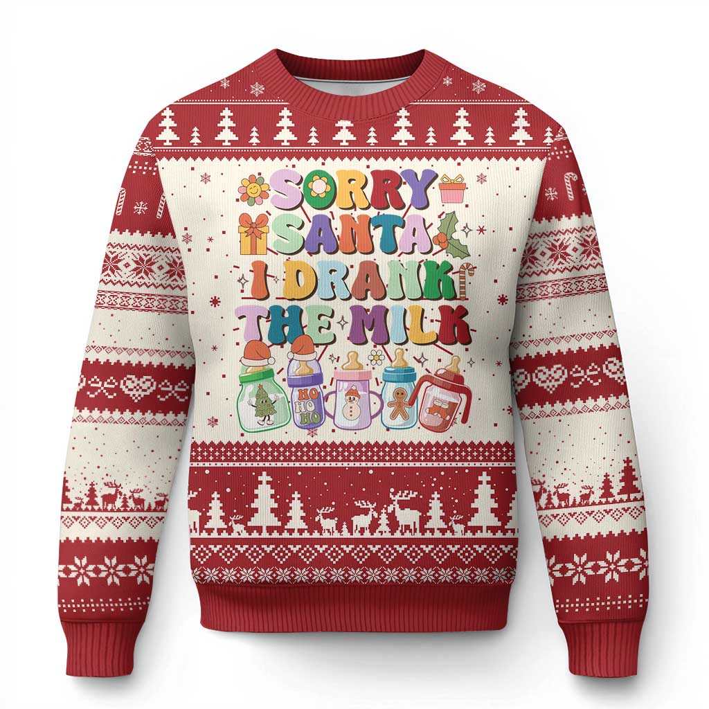 Red ugly Christmas sweater with "Sorry Santa I drank the milk" front graphic and knit trim