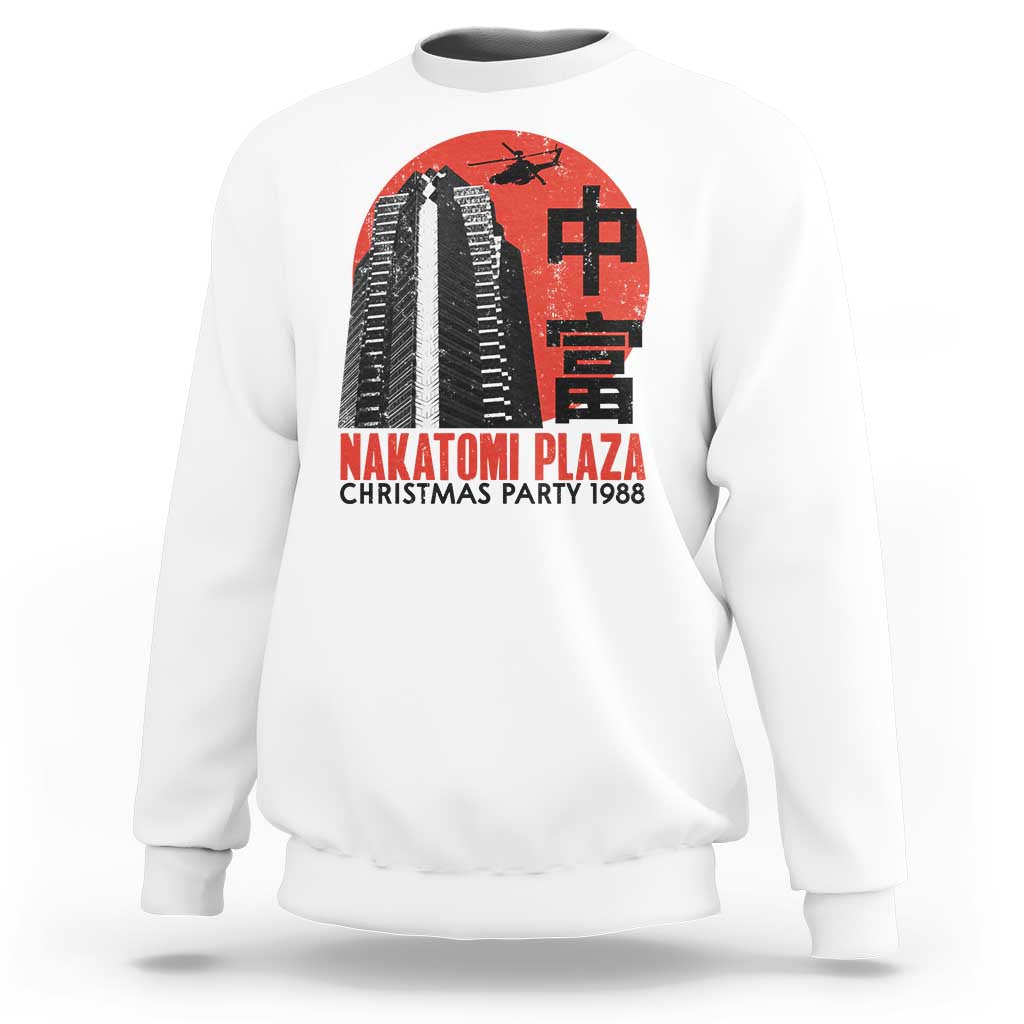 White crewneck sweatshirt with red building Christmas graphic on the chest