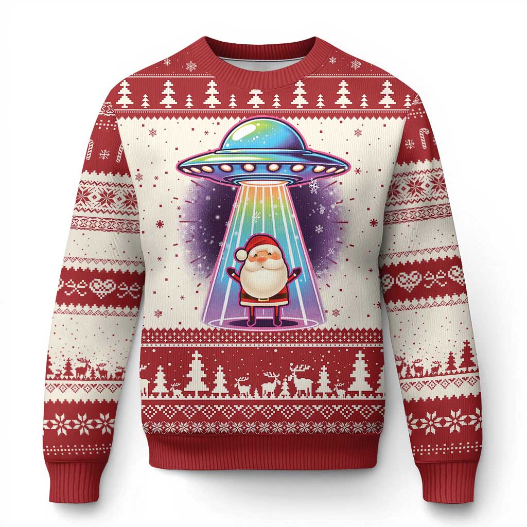 Red ugly Christmas sweater with alien in UFO graphic and festive stripe hem