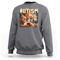 Gray sweatshirt with “AUTISM” skeleton graphic on front, crew neck, long sleeves.