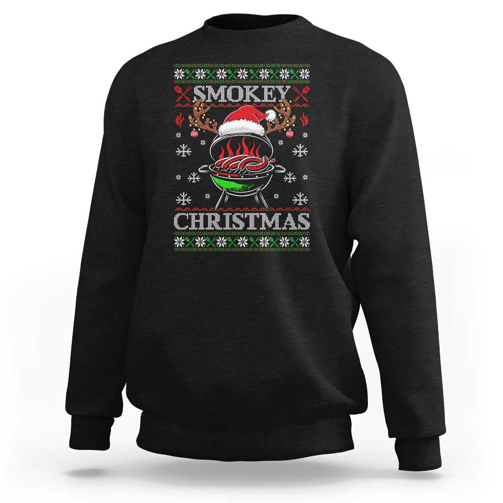 Dark charcoal crewneck sweatshirt with Smokey Christmas BBQ graphic, ribbed cuffs and hem