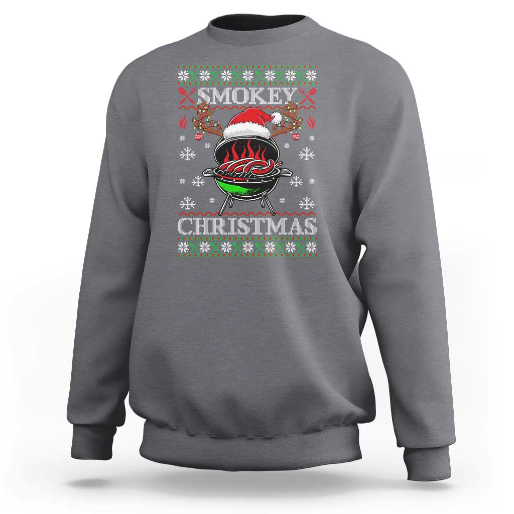 Light gray crewneck sweatshirt with Smokey Christmas BBQ graphic, ribbed cuffs and hem