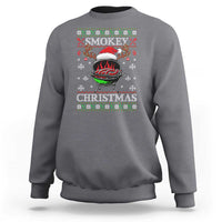 Light gray crewneck sweatshirt with Smokey Christmas BBQ graphic, ribbed cuffs and hem