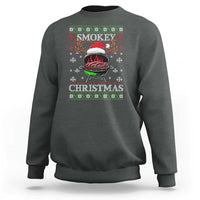 Charcoal heather crewneck sweatshirt with Smokey Christmas BBQ graphic, ribbed cuffs and hem