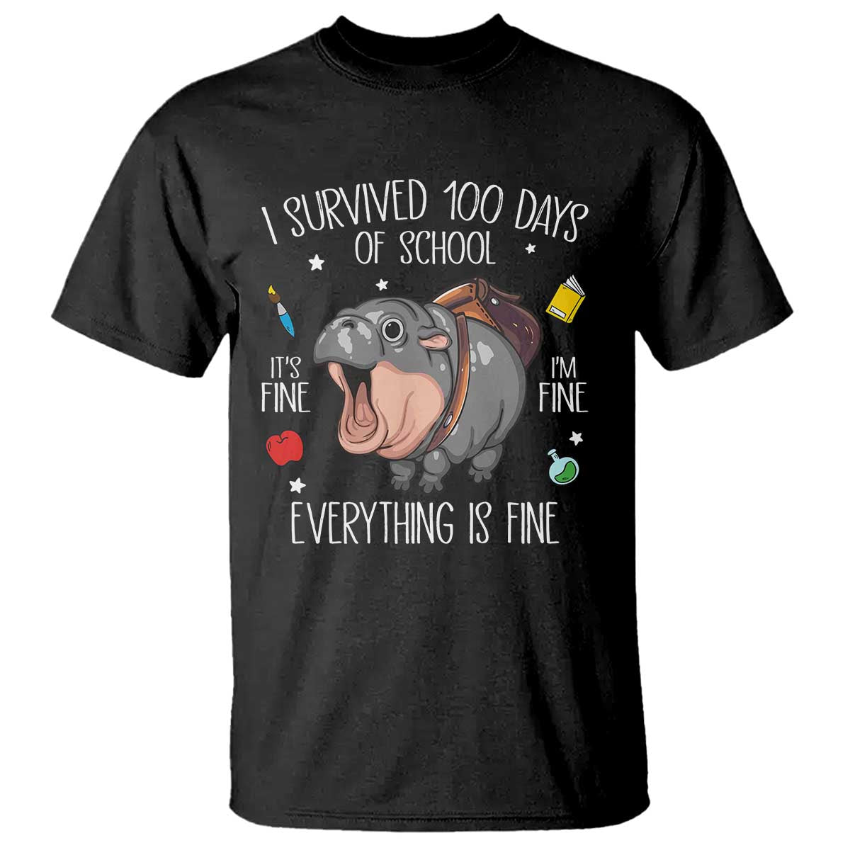 Black graphic T-shirt with cartoon animal and “I survived 100 days of school” slogan