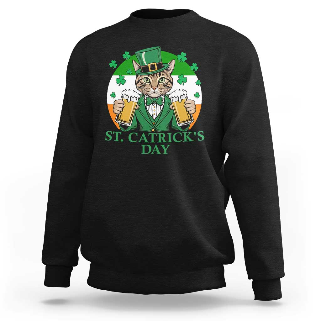 Black St. Patrick's Day beer cat sweatshirt with shamrock chest graphic