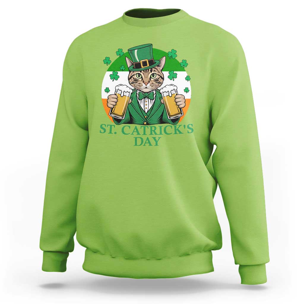 Lime green St. Patrick's Day beer cat sweatshirt with shamrock chest graphic