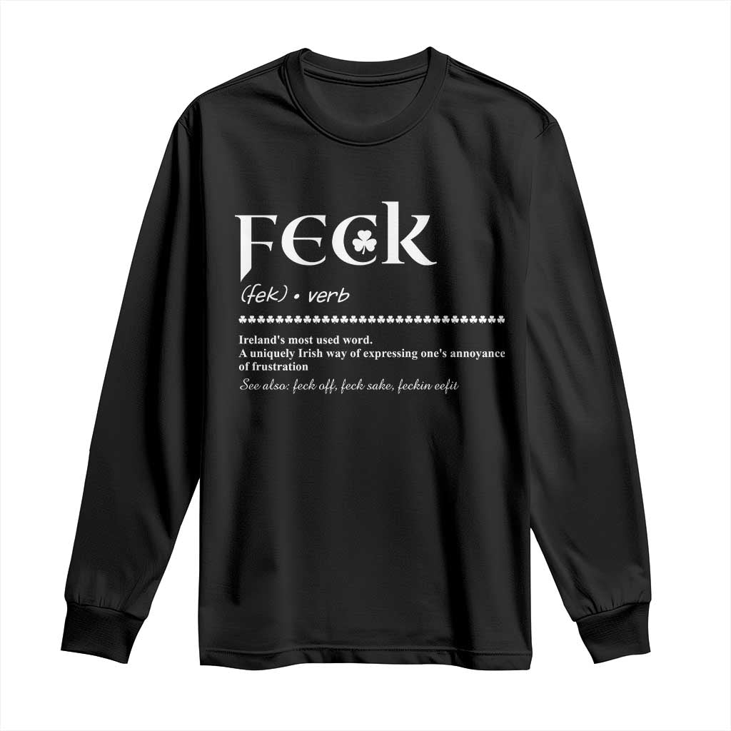 Black long-sleeve T-shirt with FECK graphic and Irish definition text