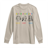 Sand long-sleeve autism awareness T-shirt with 'AUTISM DIDN'T STOP' and 3 character portraits.