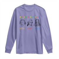 Violet long-sleeve autism awareness T-shirt with 'AUTISM DIDN'T STOP' and 3 character portraits.