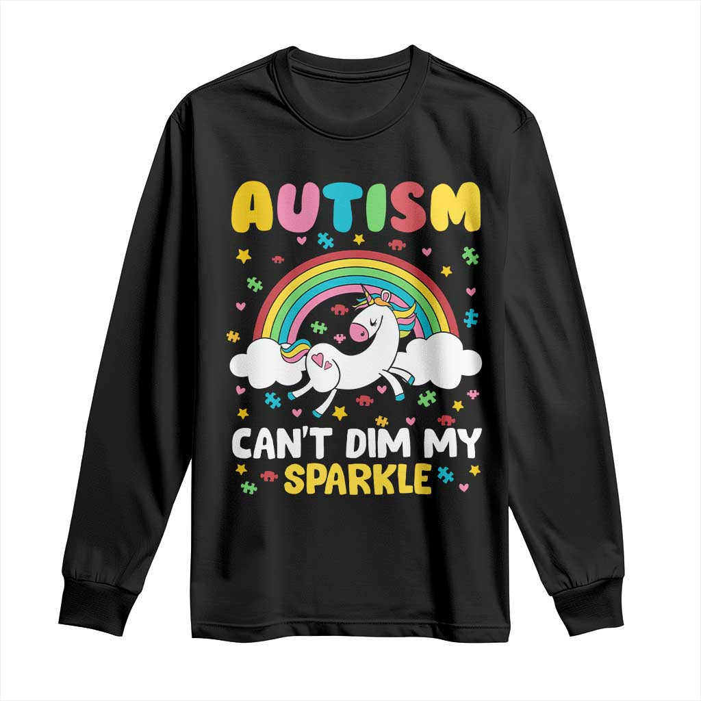 Black long-sleeve T-shirt with autism unicorn rainbow graphic and 'Can't Dim My Sparkle'