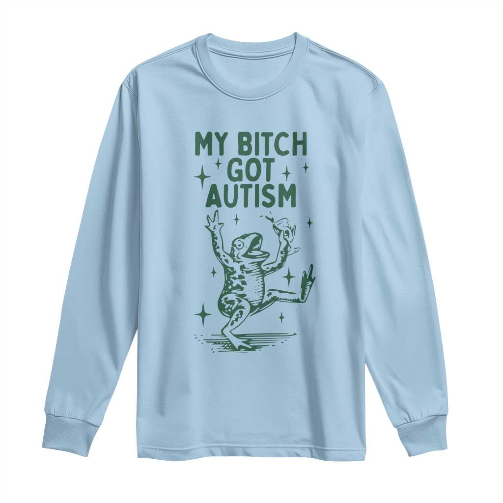 Light blue long-sleeve shirt with green frog graphic and slogan print
