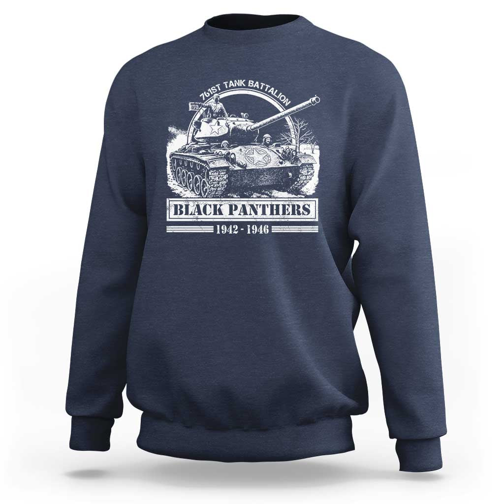 Navy crewneck sweatshirt with tank graphic and “Black Panthers” text