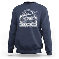 Navy crewneck sweatshirt with tank graphic and “Black Panthers” text