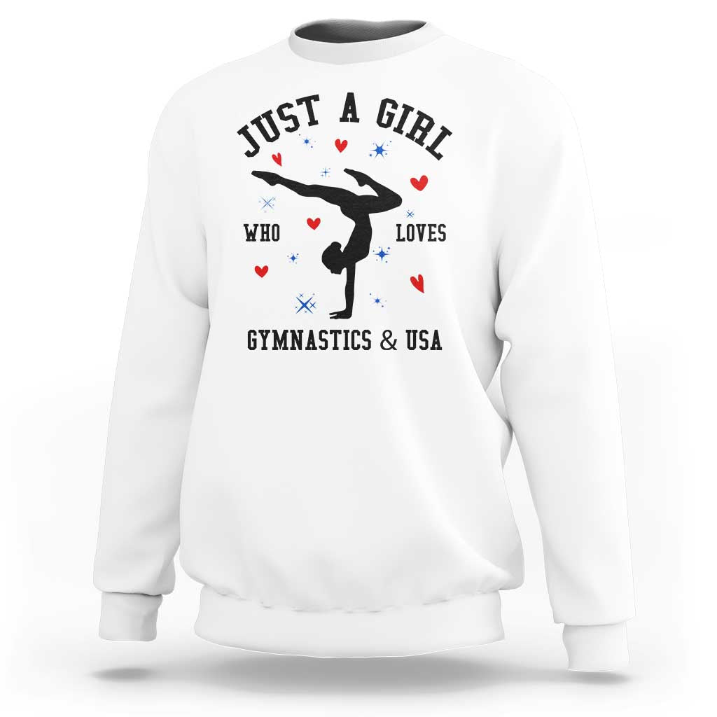 White gymnastics sweatshirt with gymnast silhouette and USA graphic