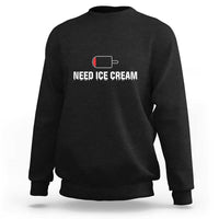 Black crewneck sweatshirt with 'NEED ICE CREAM' graphic and battery icon on back.