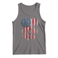 Gray sleeveless tank top with round neck and large fireworks US flag graphic