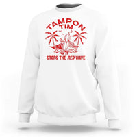 White crewneck sweatshirt with red palm graphic and 'STOPS THE RED WAVE' text