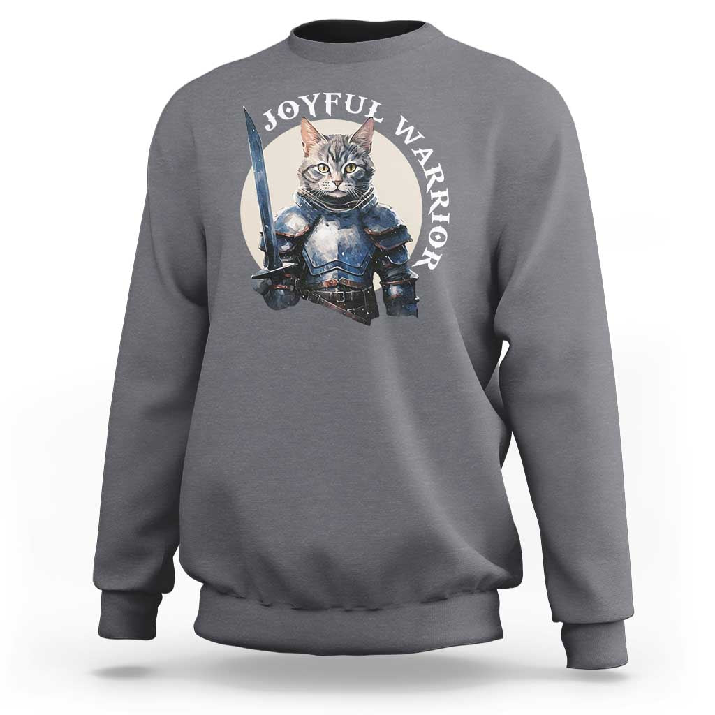 Gray sweatshirt with kitten knight graphic and “JOYFUL WARRIOR” text on chest
