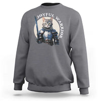 Gray sweatshirt with kitten knight graphic and “JOYFUL WARRIOR” text on chest