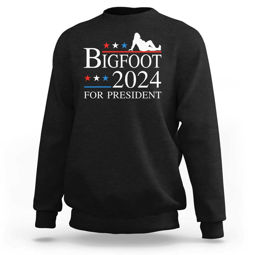 Black sweatshirt with Bigfoot 2024 for President graphic on chest