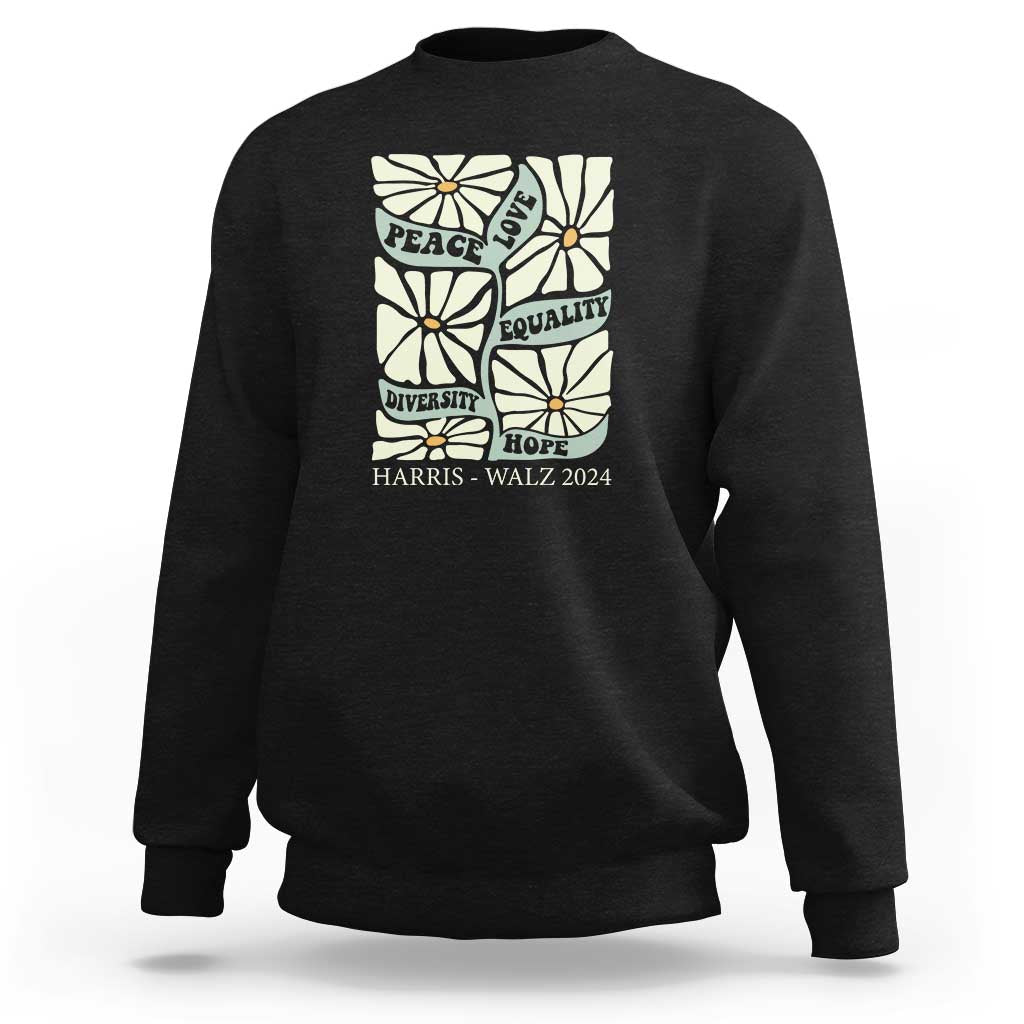 Black crewneck sweatshirt with back floral peace-and-love political graphic