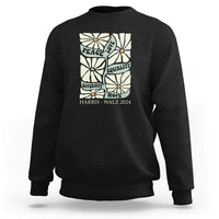 Black crewneck sweatshirt with back floral peace-and-love political graphic
