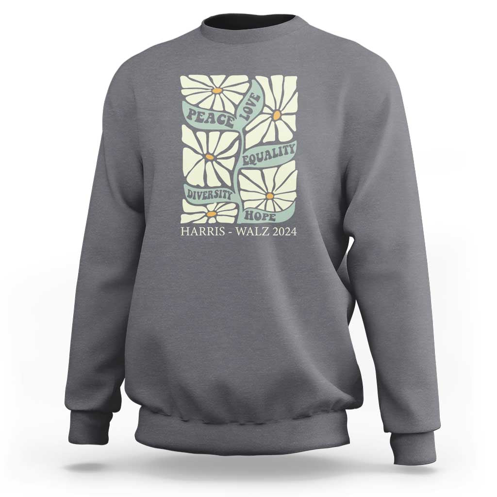 Heather gray crewneck sweatshirt with back floral peace-and-love political graphic