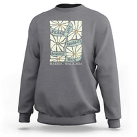 Heather gray crewneck sweatshirt with back floral peace-and-love political graphic