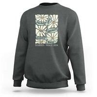 Charcoal crewneck sweatshirt with back floral peace-and-love political graphic