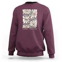 Maroon crewneck sweatshirt with back floral peace-and-love political graphic