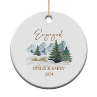 Engaged personalized round Christmas ornament, gold string, snowy forest with JAMES & EMILY, 2024