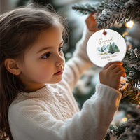 Engaged round Christmas ornament on gold string, snowy forest with JAMES & EMILY, 2024