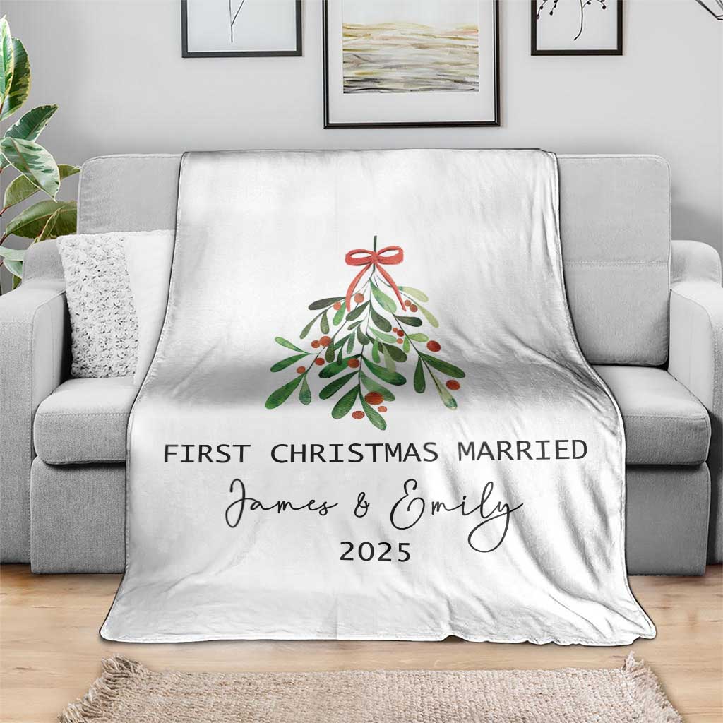 Personalized First Christmas Married Throw Blanket Custom Name Couple Xmas Mistletoe - Wonder Print Shop