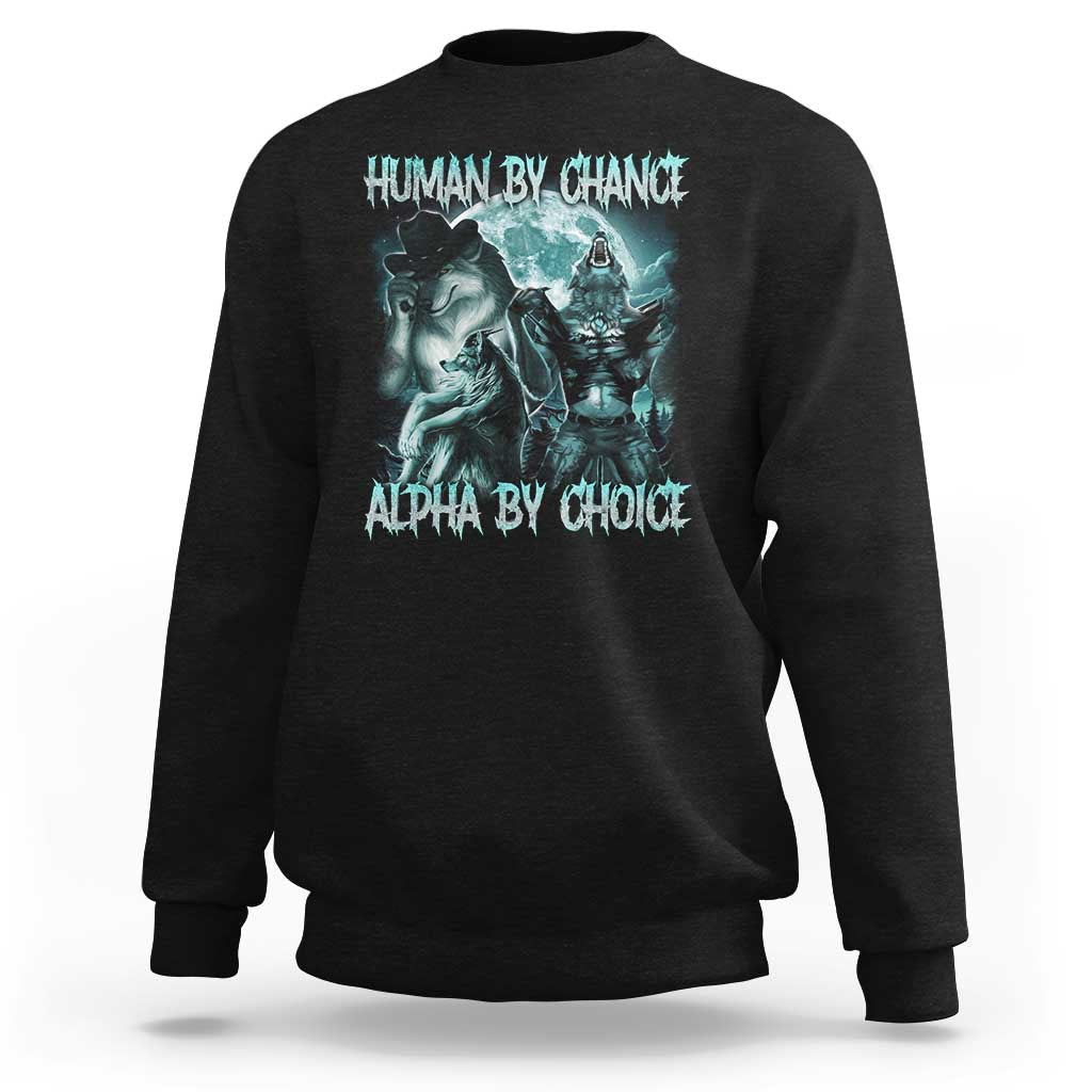Black crewneck sweatshirt with blue wolf graphic and 'HUMAN BY CHANCE' text
