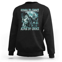 Black crewneck sweatshirt with blue wolf graphic and 'HUMAN BY CHANCE' text