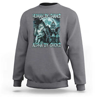 Dark heather gray crewneck sweatshirt with blue wolf graphic and 'HUMAN BY CHANCE' text
