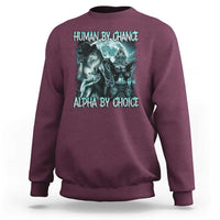 Maroon crewneck sweatshirt with blue wolf graphic and 'HUMAN BY CHANCE' text