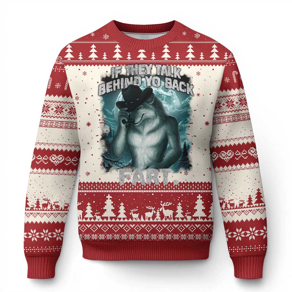 Red and cream ugly Christmas sweater with wolf graphic and fart text
