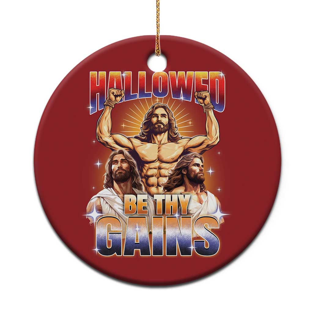 Funny Muscle Jesus Workout Christmas Ornament Hallowed Be Thy Gains Weightlifting Humor - Wonder Print Shop