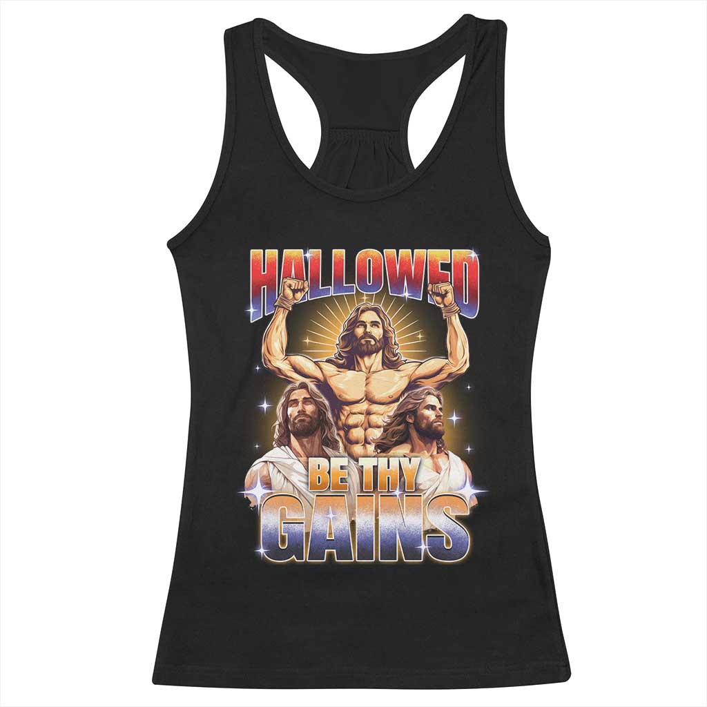 Funny Muscle Jesus Workout Racerback Tank Top Hallowed Be Thy Gains Weightlifting Humor