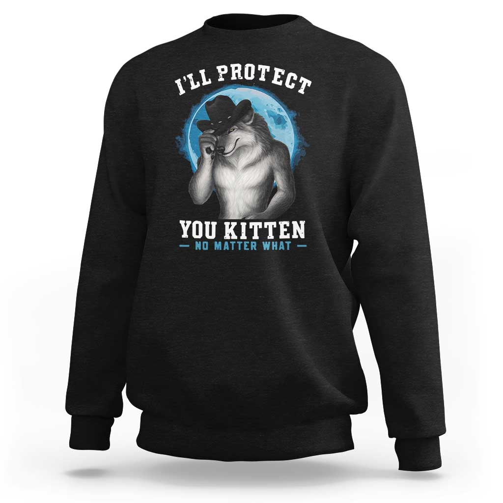 Black sweatshirt with front wolf kitten graphic and slogan text, crewneck long sleeves