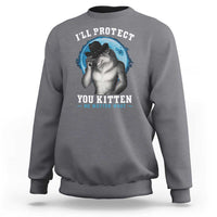 Charcoal gray sweatshirt with front wolf kitten graphic and slogan text, crewneck long sleeves