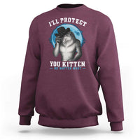 Maroon sweatshirt with front wolf kitten graphic and slogan text, crewneck long sleeves