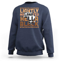 Navy crewneck sweatshirt with orange/black 'Lightly Melanated Hella Black' graphic