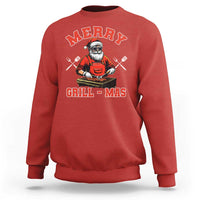 Red sweatshirt with Santa grilling graphic and “MERRY” “GRILL-MAS” text on back