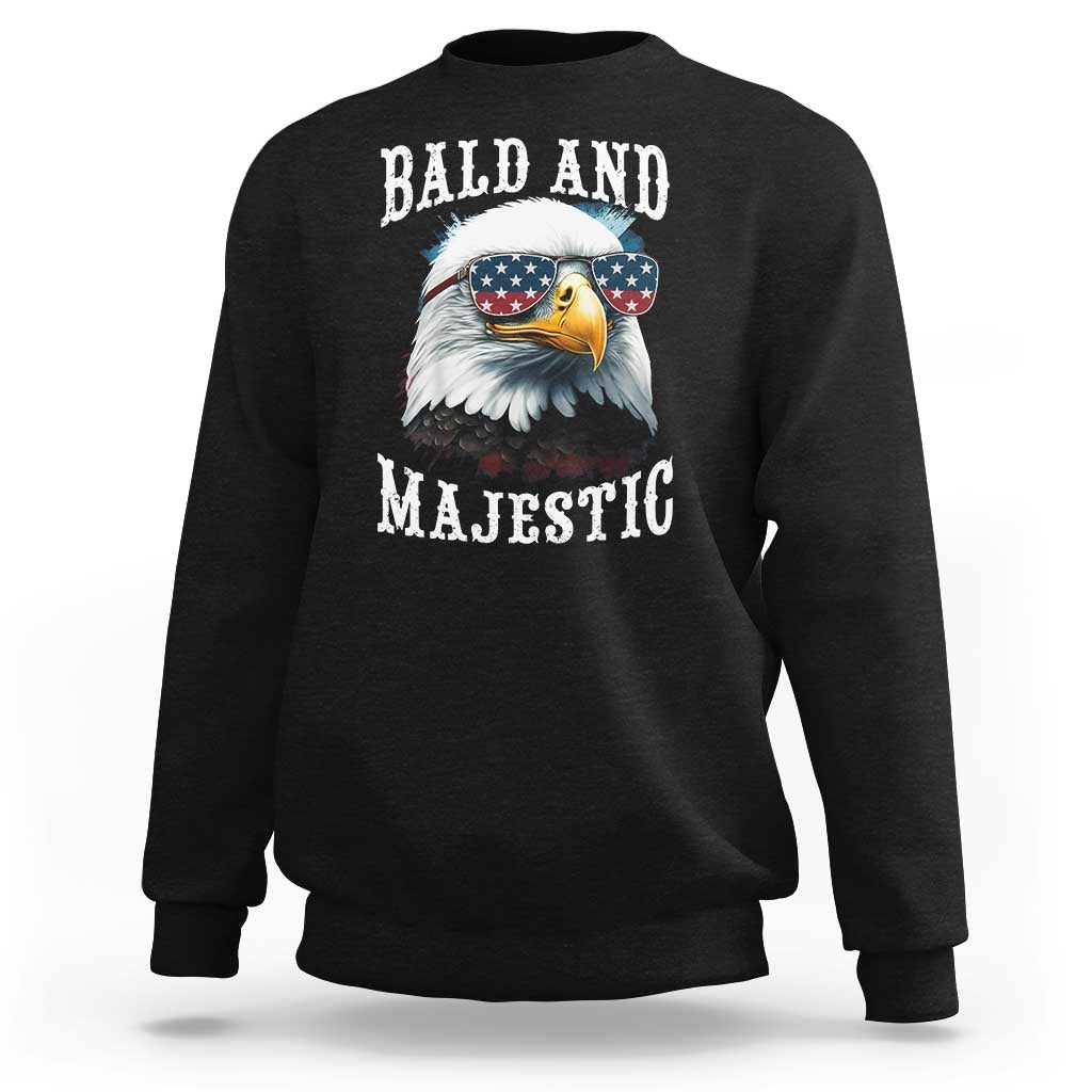 Black sweatshirt with eagle sunglasses graphic, American flag, and “BALD AND MAJESTIC”