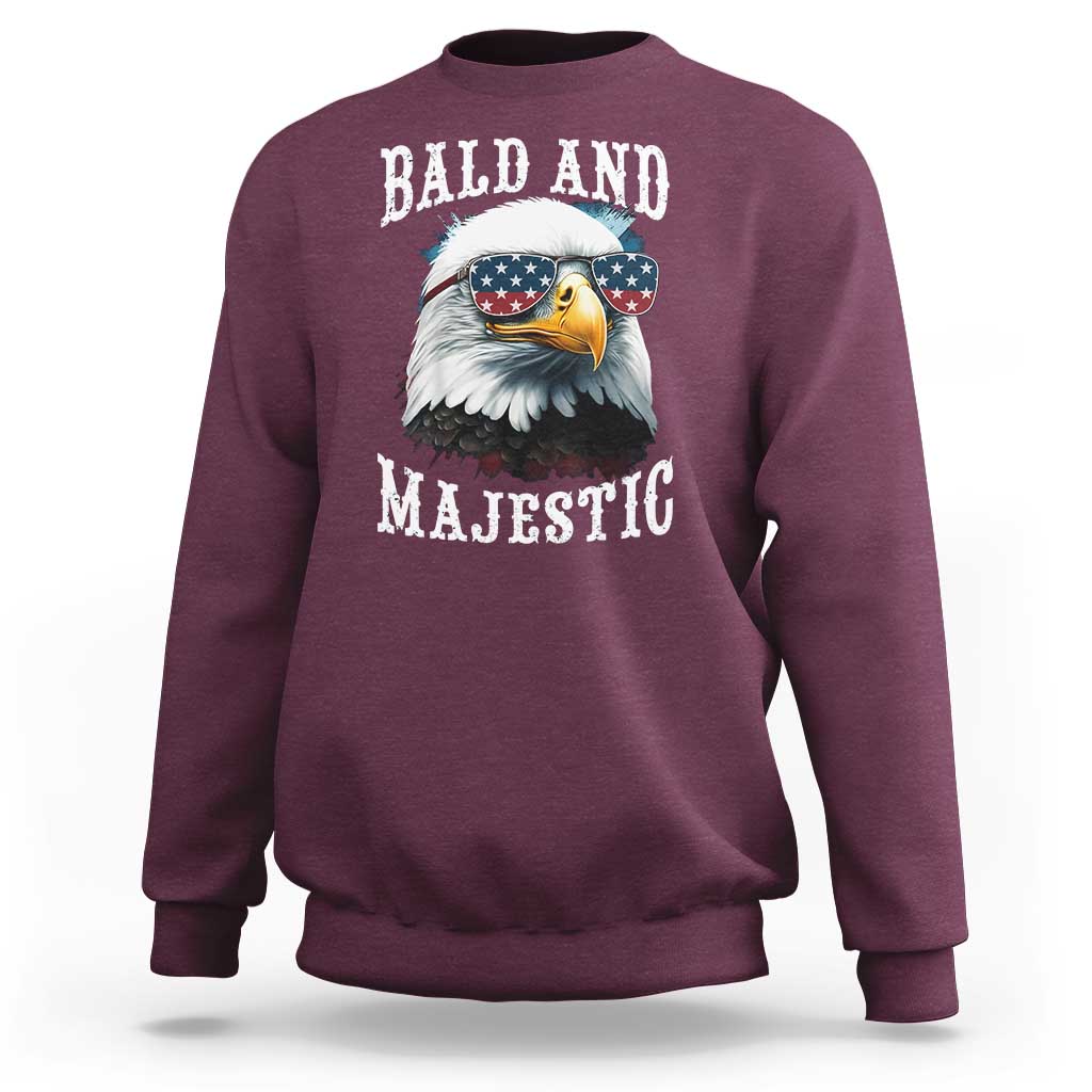 Maroon sweatshirt with eagle sunglasses graphic, American flag, and “BALD AND MAJESTIC”