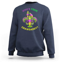 Navy crewneck sweatshirt with colorful crawfish fleur-de-lis graphic and 'WHO'S YOUR' text