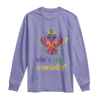 Violet long-sleeve shirt with colorful crawfish Mardi Gras graphic and 'Who's your crawdaddy?'.